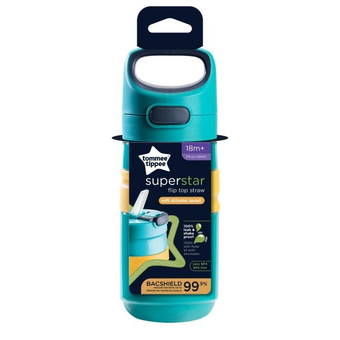 Blue flip top sportee cup in its packaging against a white background
