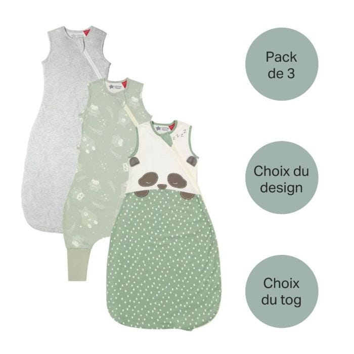 gigoteuse avec Pippo endormi de couleur grise et steppee grofriend woodland sur fond blanc avec lot de 3, choix des motifs et tog en médaillons