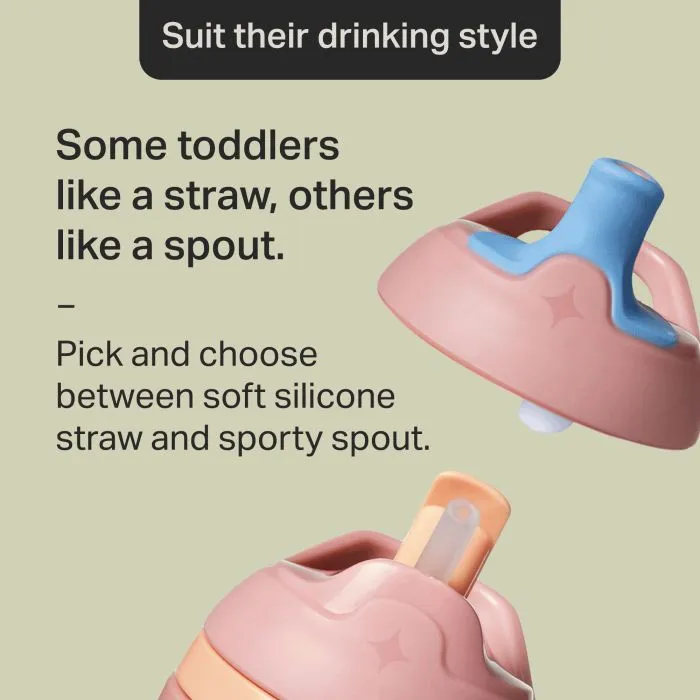 Image showing the spout lid and the straw lid against a green background with text about how you can pick and choose between the two