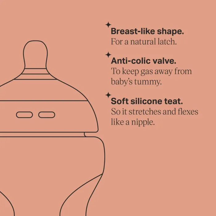 Line drawing of baby bottle with key feature bullet points