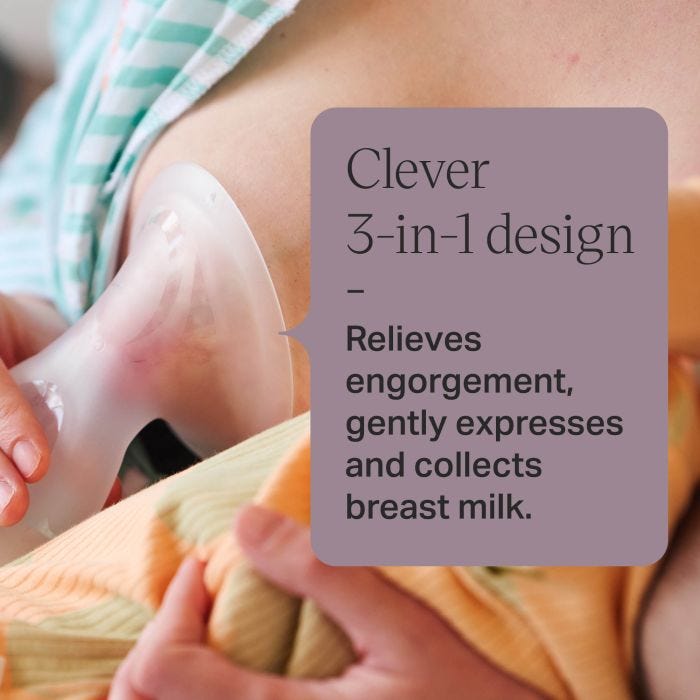 Parent expressing with our Silicone Breast Pump and text about the 3-in-1 design.