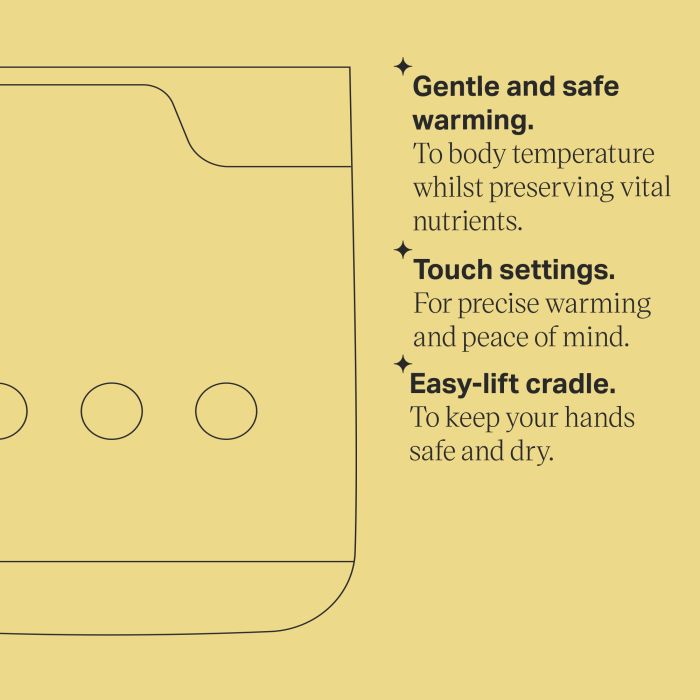 Multiwarm bottle warmer keyline drawing with product feature bullet points