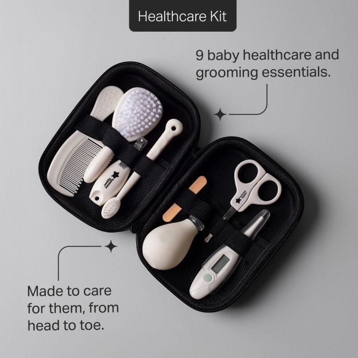 Healthcare kit against a grey background with product feature pointers   