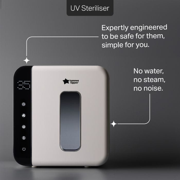 UV steriliser against a grey background with product feature pointers   