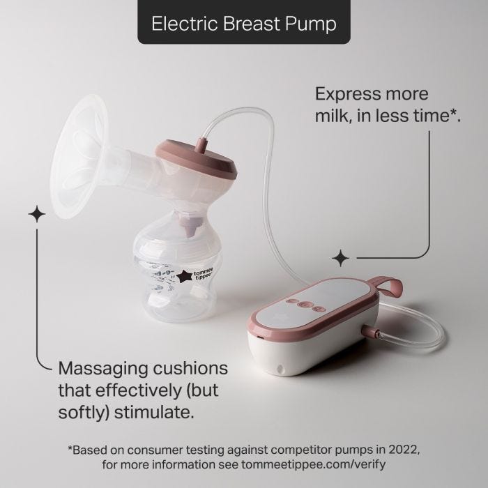 Electric breast pump against a grey background with product feature pointers  