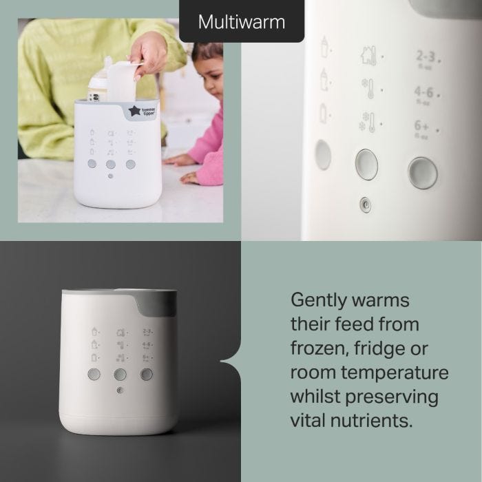 Grid style asset with 3 images of Multiwarm bottle warmer and product feature text  