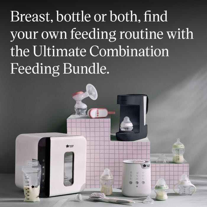 Contents of an Ultimate Combination Feeding Bundle on plinths against a grey background with USP tagline