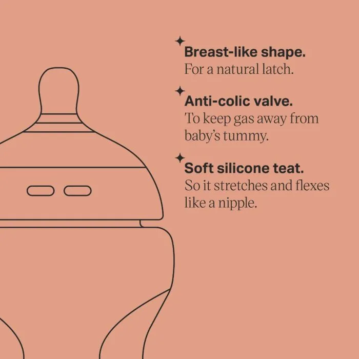Line drawing of baby bottle with key feature bullet points