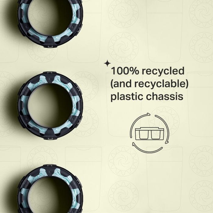 Three Twist and Click refill cassettes on a green background with text about the 100% recycled (and recyclable) plastic chassis