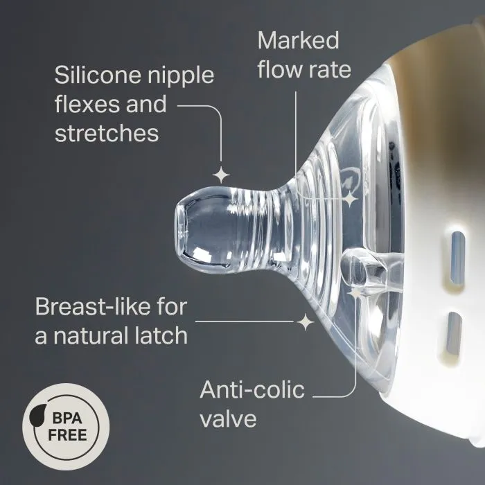 Natural Start bottle nipple on its side against a grey background with pointers to the key product features