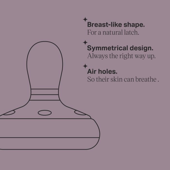 Keyline of breast-like pacifier with key features listed next to it