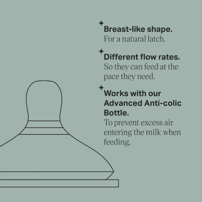 Advanced Anti-Colic baby bottle against a grey background with product USP tagline