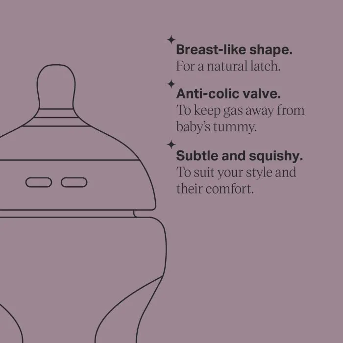 Line drawing of baby bottle with key feature bullet points