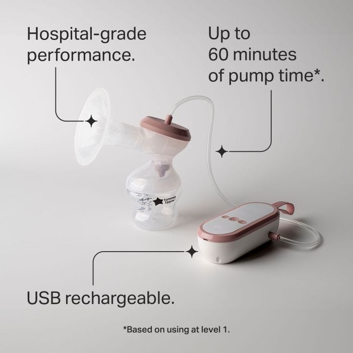 Aerial shot of our Electric Breast Pump with text about direct pump to bottle transition.