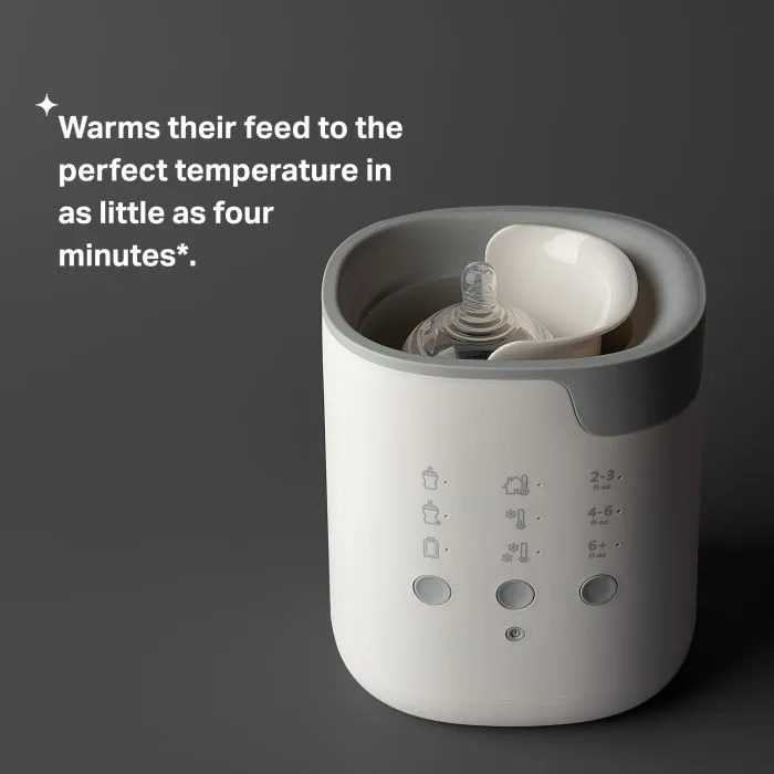 Multiwarm bottle warmer against a grey background with product USP tagline