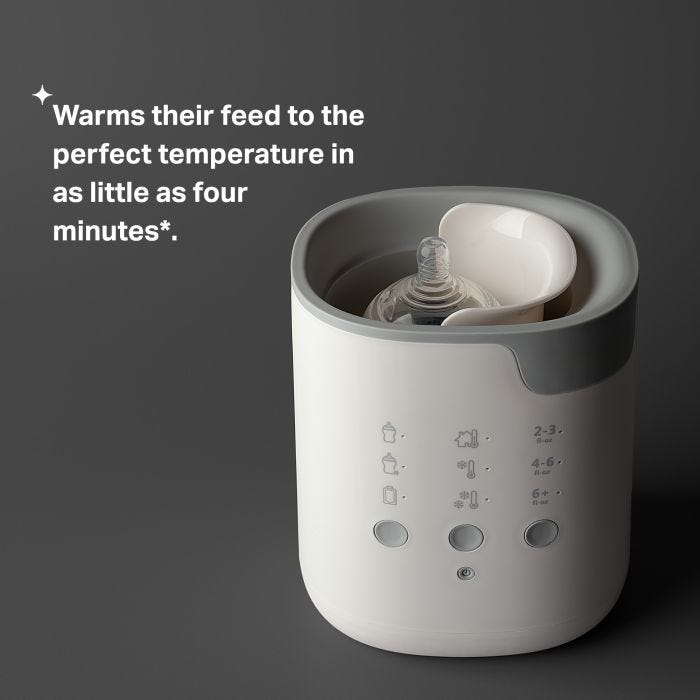 Multiwarm bottle warmer against a grey background with product USP tagline