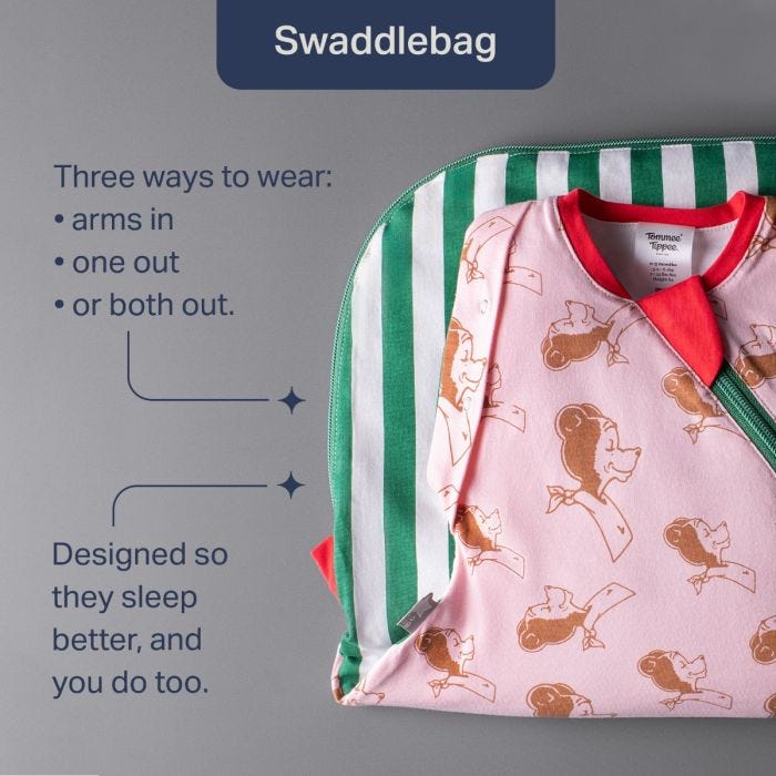 Swaddlebag against a grey background with pointers to the key product features  