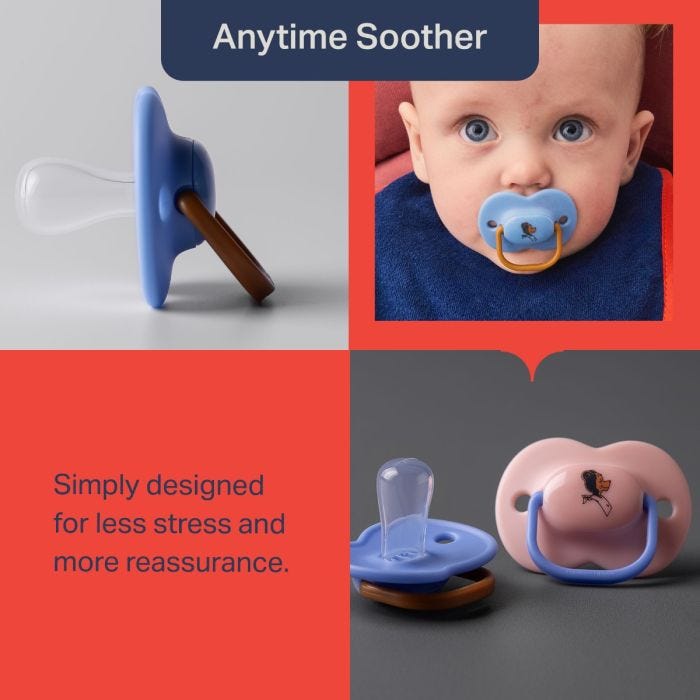 Grid style asset showing images of pink and blue soothers with product messaging 