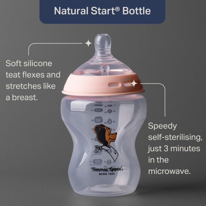Natural Start bottle against a grey background with pointers to the key product features 