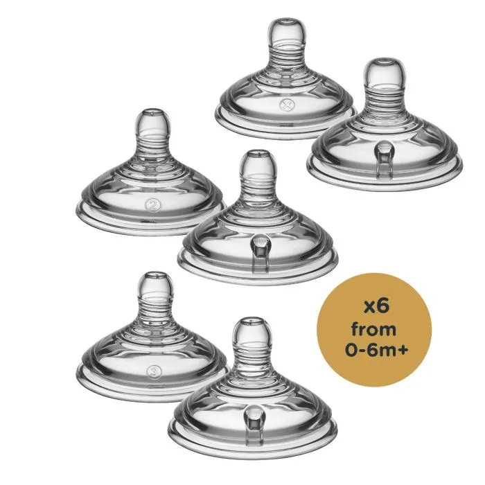 Six Closer to Nature Bottle teats on a white background with a x6 from 0-6m+ roundel