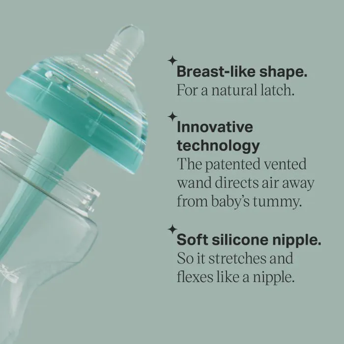 Advanced Anti-colic bottle lid and bottle base next to a list of key features.