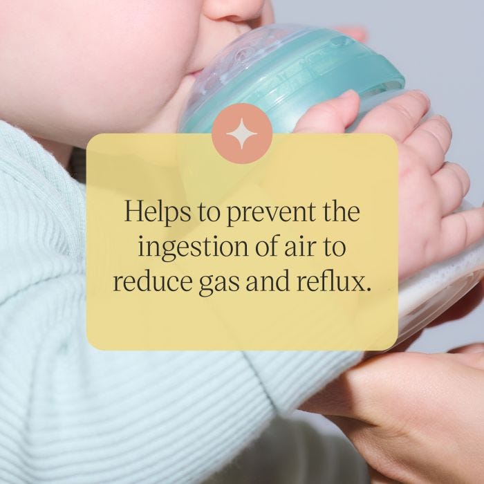 Baby drinking from an Advanced Anti-colic bottle with text overlay of product messaging