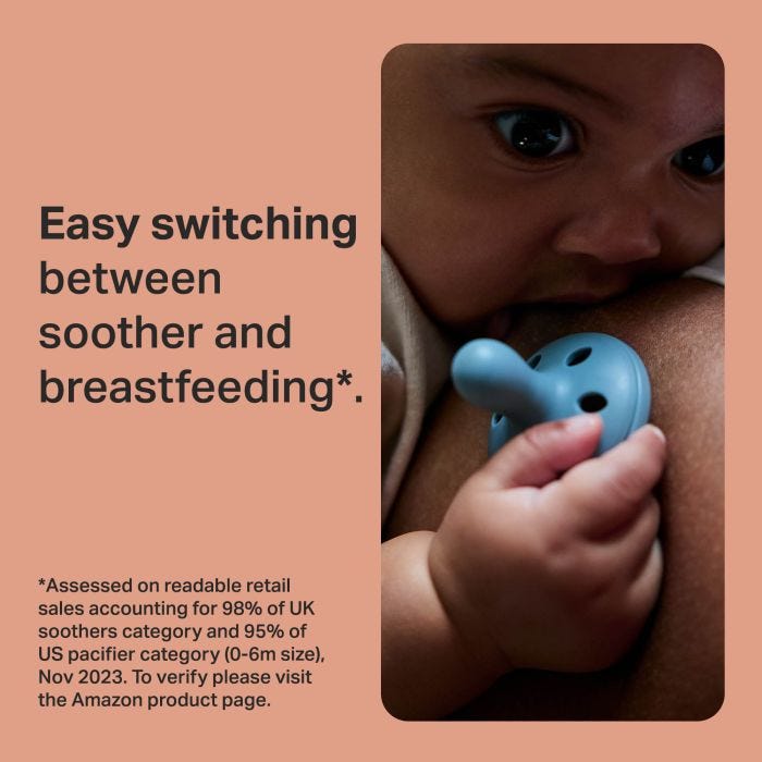 Baby with a yellow breast-like soother and key feature text.