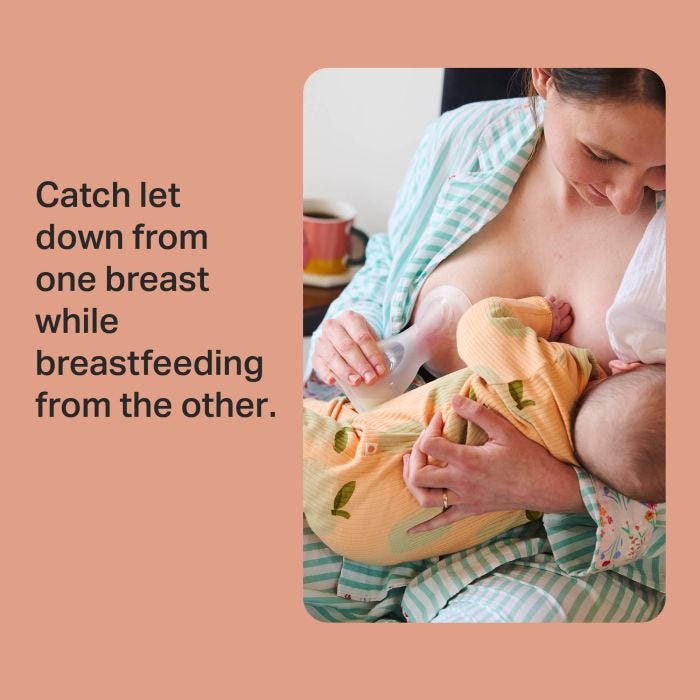 Parent expressing with a silicone breast pump while breastfeeding from the other breast.