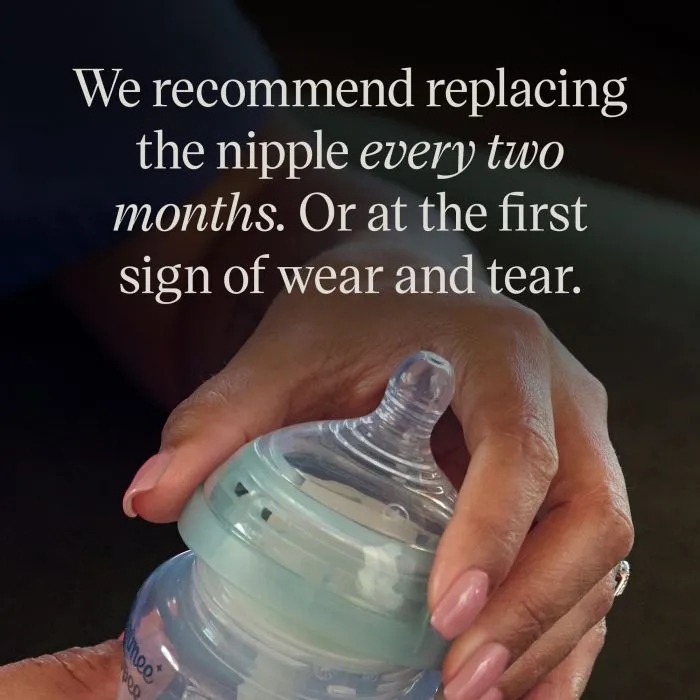 Woman placing the teat onto an Advanced Anti-colic bottle with text overlay about changing the teat every two months