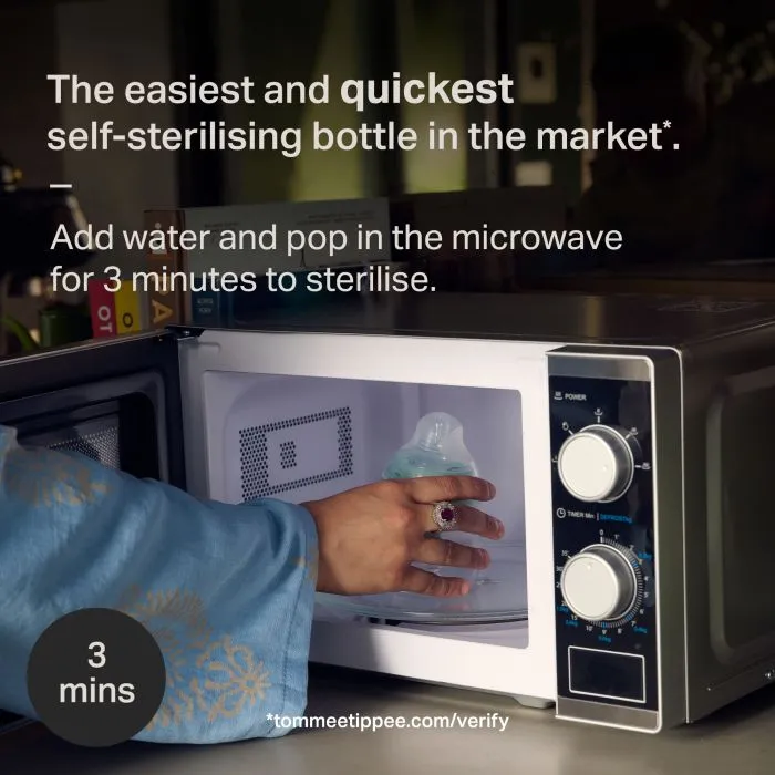 Image of a woman putting a Natural Start bottle into a microwave about how they can be sterilised in 3 minutes