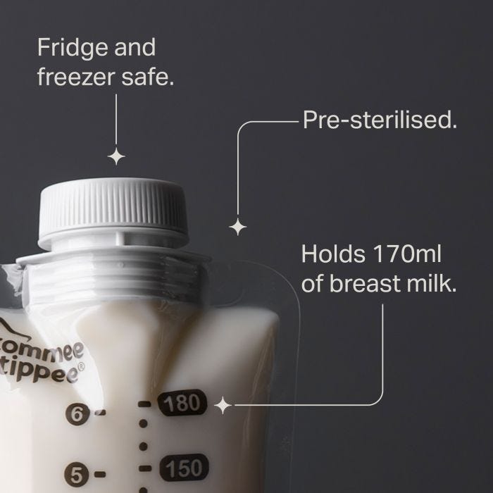 Close-up of a breast milk pouch lid with key feature pointers.
