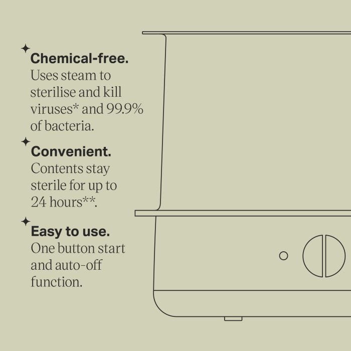 Steam steriliser keyline drawing with product feature bullet points
