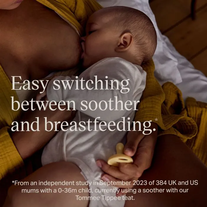 Breast-fed baby with text about easy switching between breast and soother.