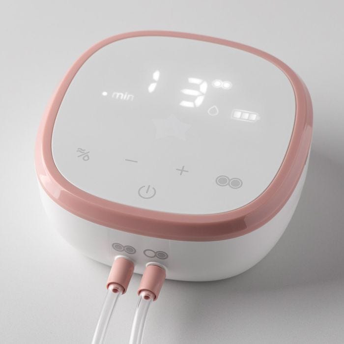 Double electric breast pump power unit on a light grey background