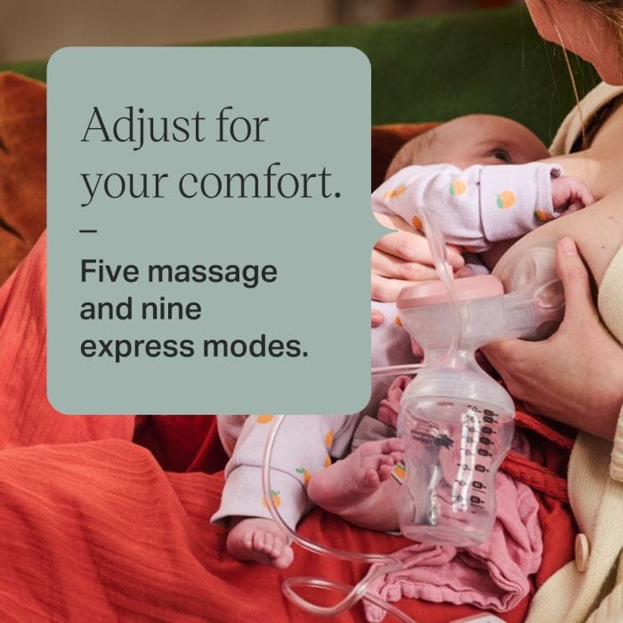 Parent expressing from one breast and feeding from the other with feature text.