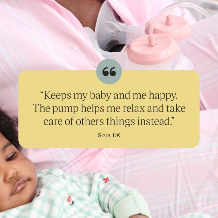 Parent with baby expressing with an electric breast pump behind a customer review.