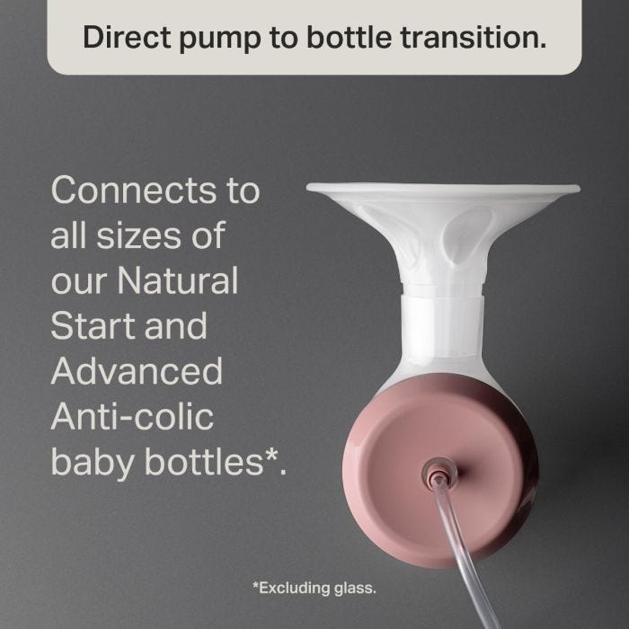 Aerial shot of our electric breast pump and horn with text about direct bottle transition.