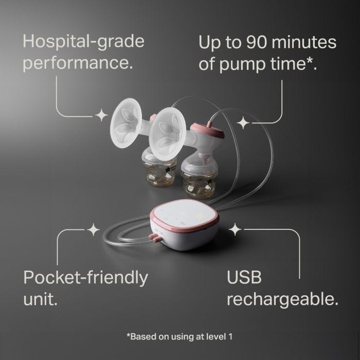 Wide shot of the double electric breast pump with power unit and key feature pointers.