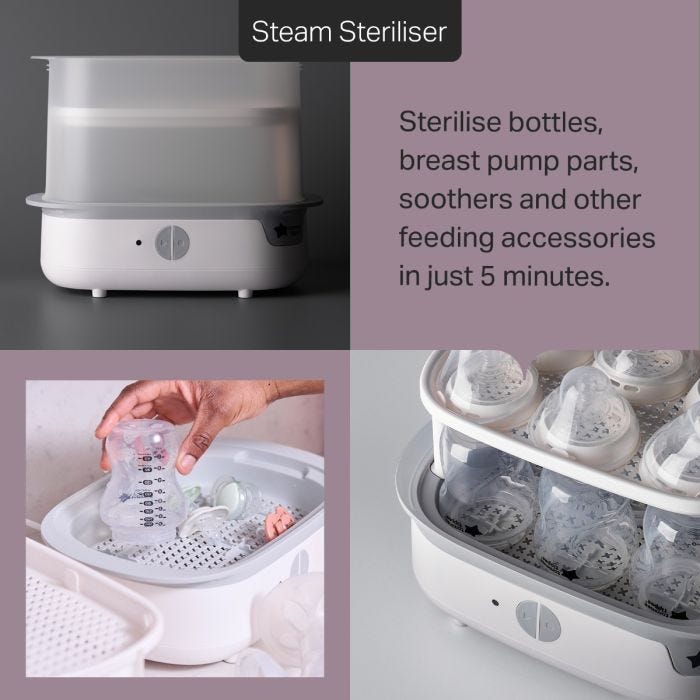Grid style asset with 3 images of Steam steriliser and product feature text