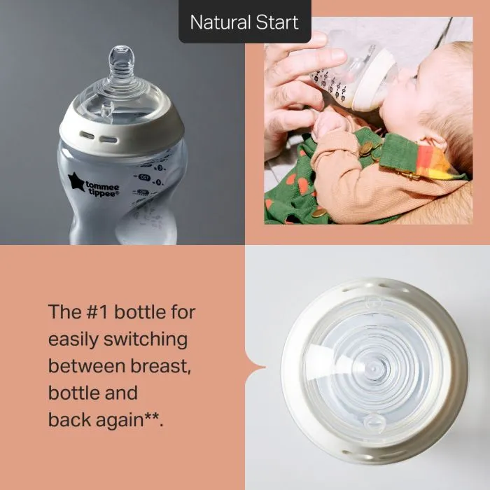 Grid style asset with 3 images of Natural Start bottle and product feature text