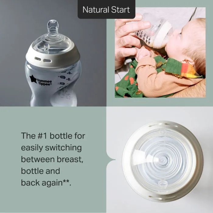 Grid style asset with 3 images of Natural Start bottle and product feature text