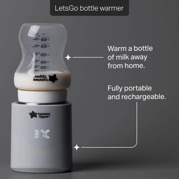 LetsGo bottle warmer against a grey background with product feature pointers