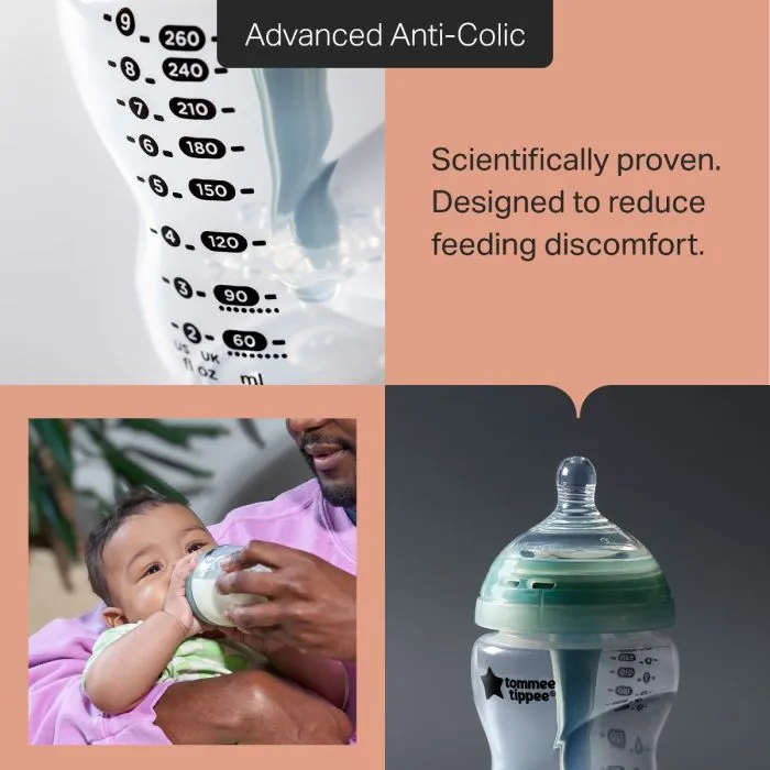 Grid style asset with 3 images of Advanced Anti-Colic bottle and product feature text