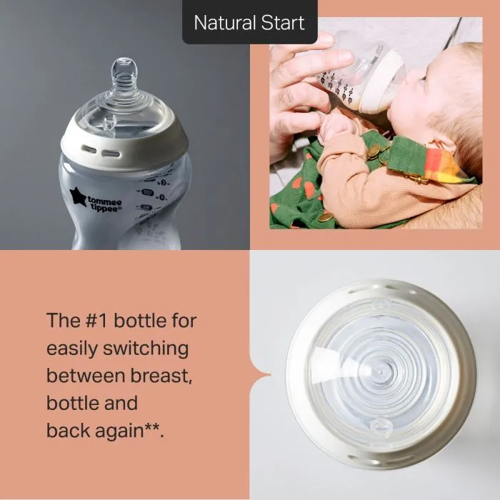 Grid style asset with 3 images of Natural Start bottle and product feature text