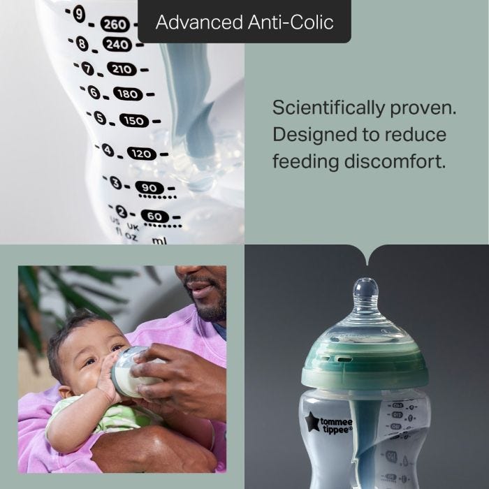 Grid style asset with 3 images of Advanced Anti-Colic bottle and product feature text