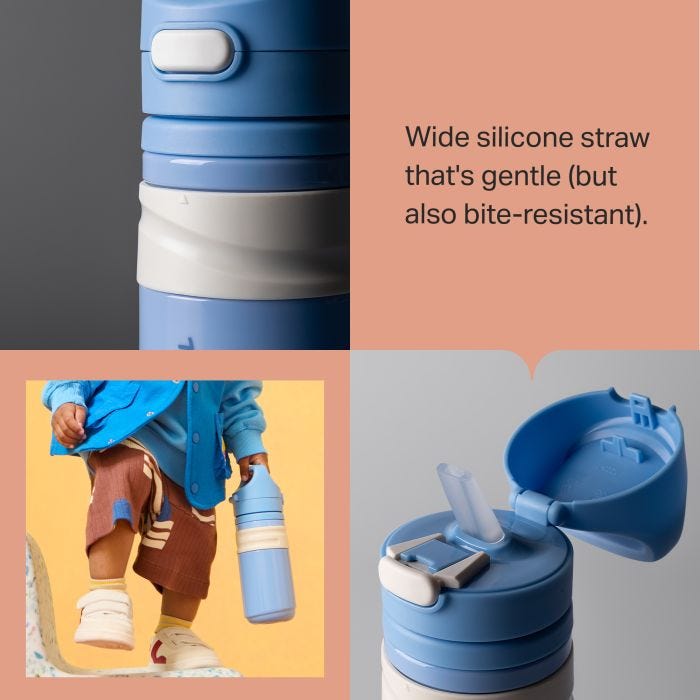 Grid of a toddler carrying an on-the-go straw cup and two close up shots of on-the-go cups with product feature text