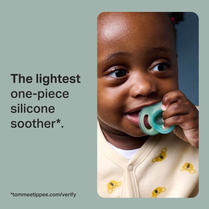 Feature text in front of a baby with a glow in the dark soother.
