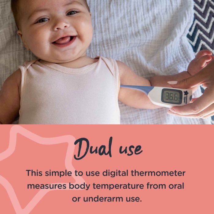 Baby lying on their back with the thermometer held under their armpit with text explaining it can be used this way or orally.