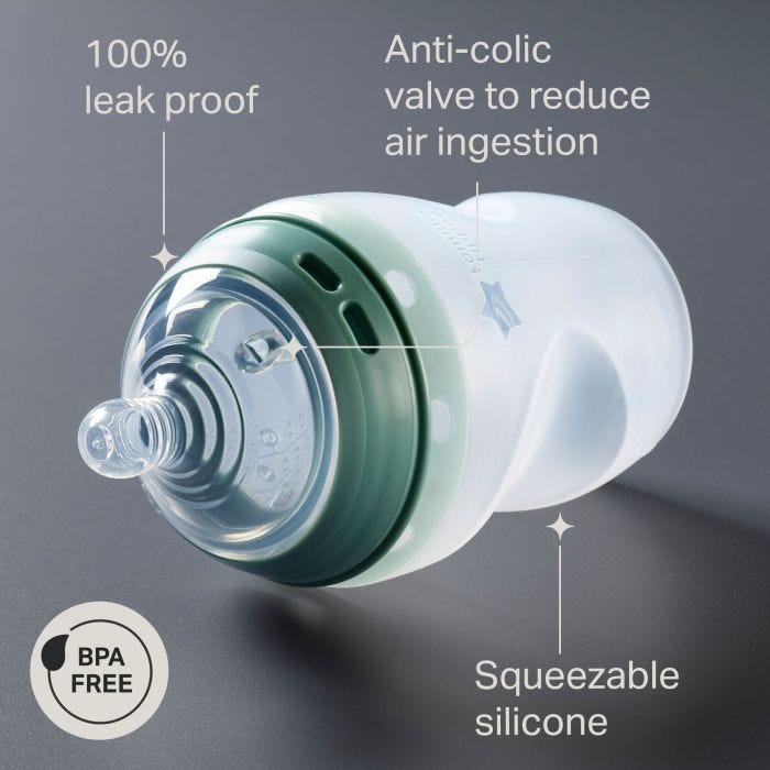 Natural Start silicone bottle laying on its side against a grey background with pointers to the key product features