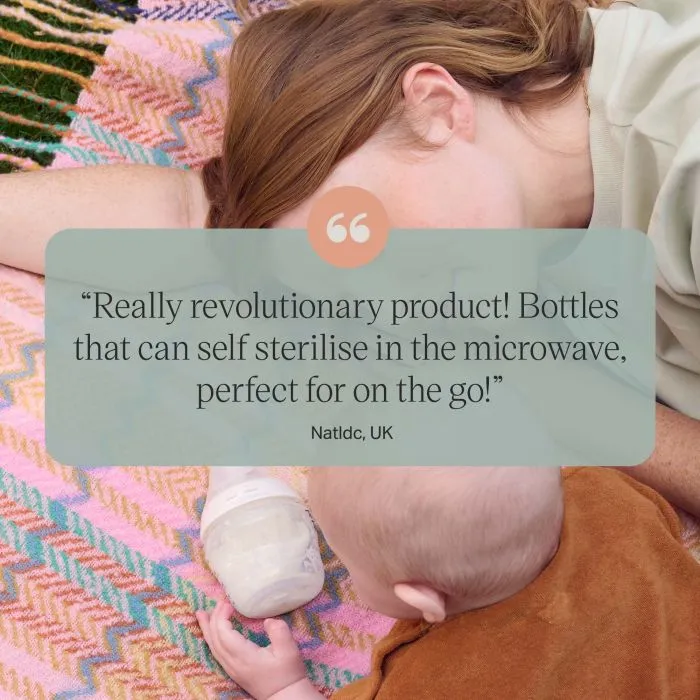 Woman and baby laying on a picnic blanket with a Natural Start bottle with text overlay of customer review